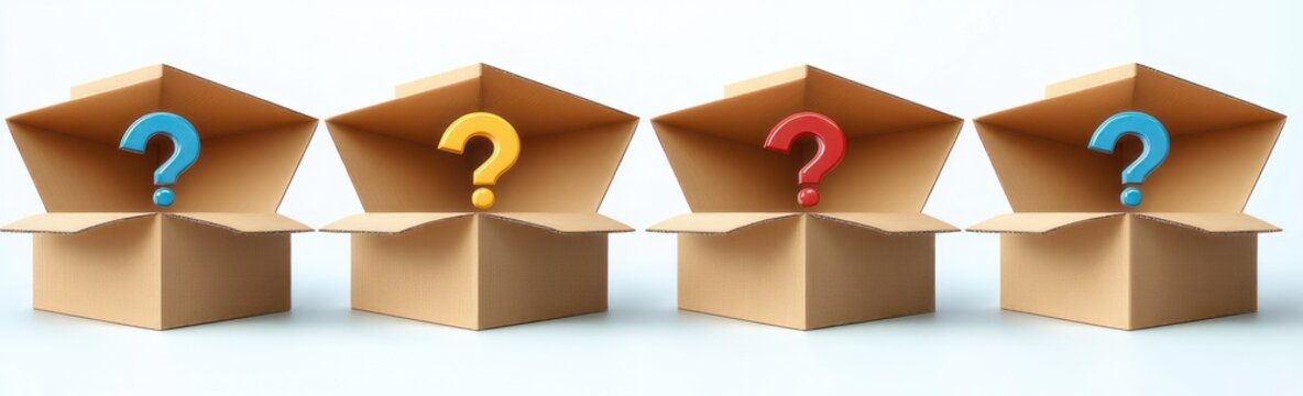 Four open cardboard boxes each holding a brightly colored question mark, arranged in a row on a clean white background, conveying curiosity and uncertainty