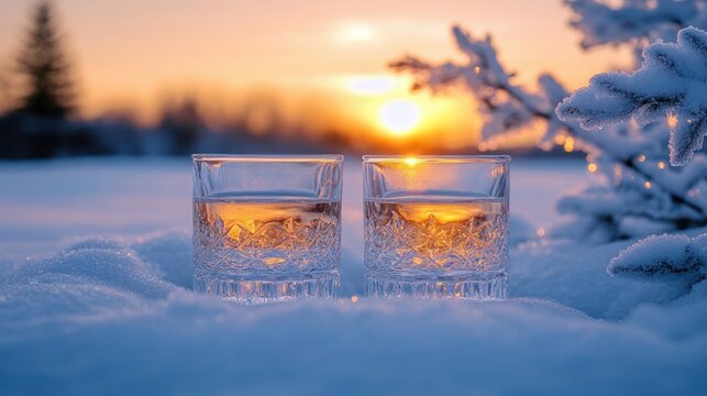 two crystal glasses with amber drink resting in fresh snow at sunset beside frosted evergreen branch, warm golden glow and peaceful cozy winter mood