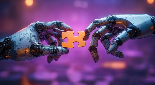 two metallic robotic hands reaching toward each other holding a single orange puzzle piece against a neon purple bokeh background, conveying collaboration and problem-solving