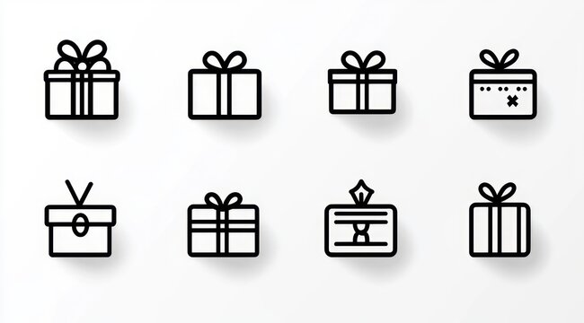 eight outlined gift box and gift card icons with bows and ribbons on a soft white background, festive cheerful mood
