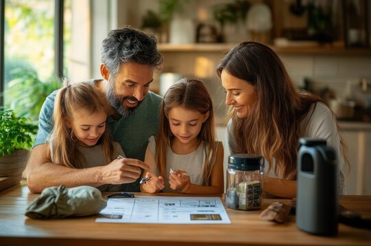 parents and two young daughters gathered at a sunlit kitchen table reviewing paperwork and a jar of coins with warm, focused, engaged expressions