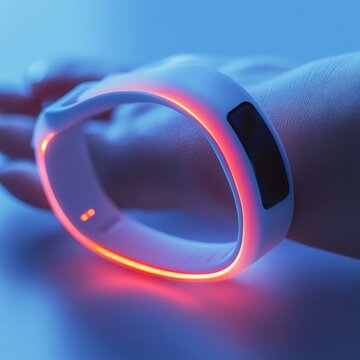 sleek white smart wristband with glowing red-orange inner light and small dark display on a wrist in blue ambient lighting, futuristic and energetic mood