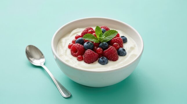 Bowl of fresh yogurt with mixed berries and mint leaves on a light blue background