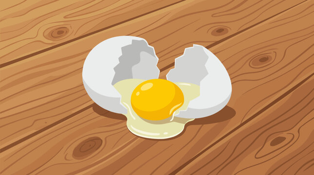Vector illustration of a cracked white chicken egg with a vibrant yellow yolk and transparent egg white spilled onto a rustic brown wooden tabletop featuring detailed grain.
