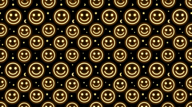 Seamless pattern of neon yellow glowing smiley faces on a black background featuring cute emoji icons, small stars, and crescent moons. Digital graphic design for backgrounds.