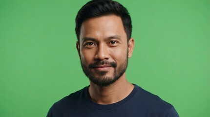 Obraz premium Portrait of Confident Mature Southeast Asian Man with Beard Looking at Camera Over Green Background