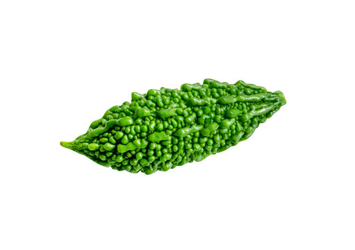 Single green bitter gourd or bitter melon isolated on white background with clipping path.