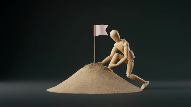 山の頂上に旗を立てる木製フィギュア