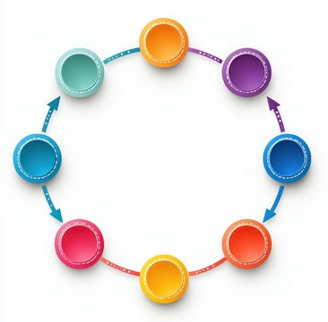 Eight colorful circular nodes connected by curved arrows forming a clockwise cyclical flow diagram, bright clean modern design conveying motion and collaboration