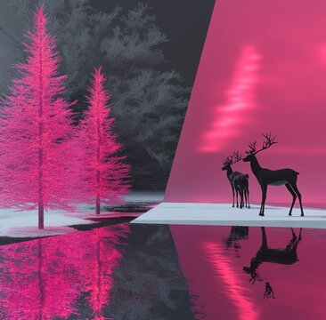 neon pink trees reflected in dark water beside a glowing triangular wall with three silhouetted deer, serene and mysterious surreal night landscape