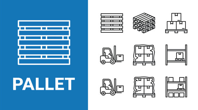 Pallet icons set. Warehouse, shipping and logistics symbols in line style