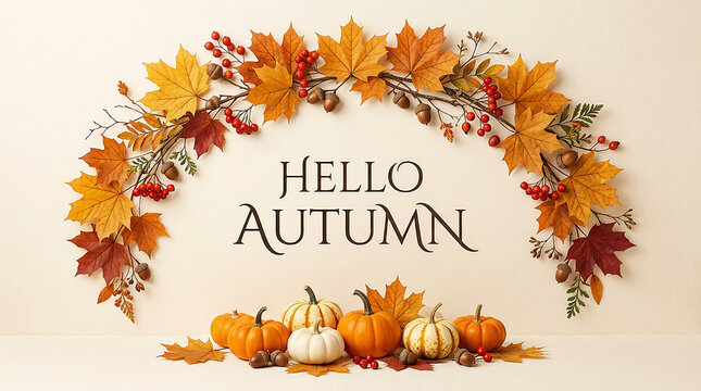 Hello Autumn text with colorful maple leaves and pumpkins on a light background