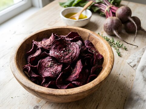 Homemade beetroot chips in a wooden bowl funny animal emoji