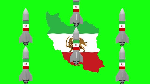 Three missiles positioned in front of the map of iran with historical flag design