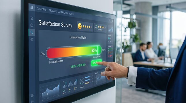 Hand touching large screen displaying customer satisfaction survey meter dashboard, positive feedback rating, five star review system, user experience analysis, service quality