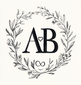 Hand-drawn botanical wreath framing elegant serif initials A and B with a small heart, infinity sign and smiling curve, romantic joyful monogram