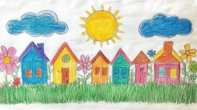 cheerful crayon drawing of a colorful row of houses under a bright sun with blue clouds, tall green grass and large flowers, joyful and playful mood
