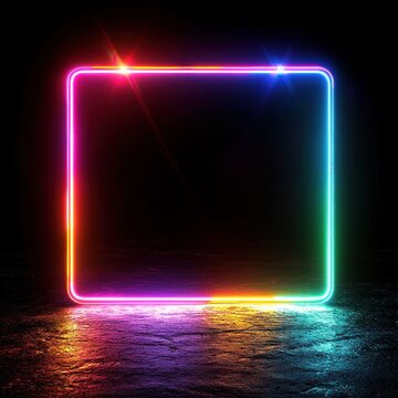 vibrant rainbow neon rounded rectangle frame glowing above reflective wet floor with colorful light flares in a futuristic moody scene