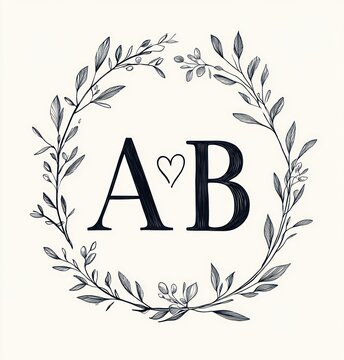 delicate hand-drawn laurel-style wreath of leaves and small buds encircling large initials A and B separated by a small heart, conveying romantic elegance and minimal charm