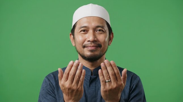 Portrait of a Smiling Mature Asian Muslim Man Praying with Raised Hands on a Green Screen Background