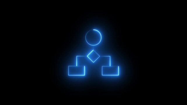 Glowing neon flowchart diagram animation for business process and data mapping blue