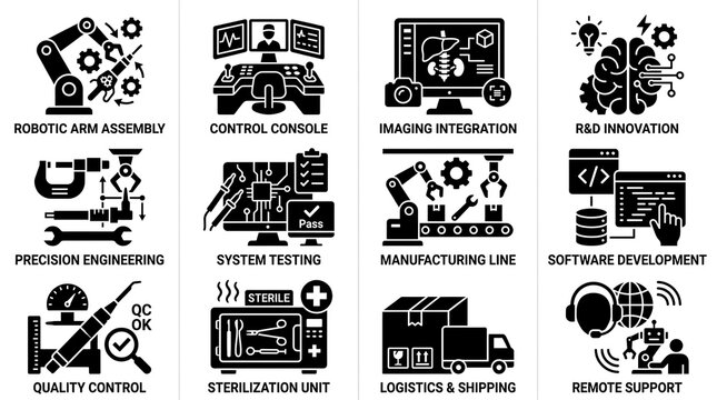 Industrial manufacturing and engineering automation vector icons set featuring smart factory technology and modern production processes