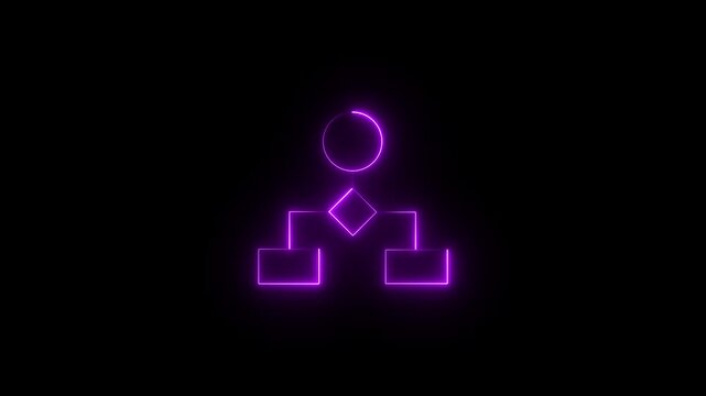 Neon flowchart diagram animation, glowing purple decision tree process