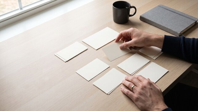 Man organizing blank business cards on a wooden office desk mockup