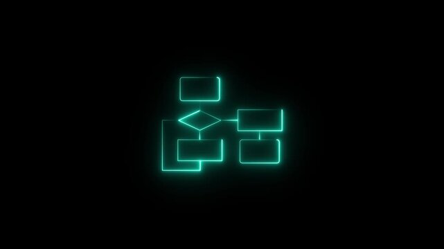 Neon flowchart diagram animation, digital process mapping and data logic concept