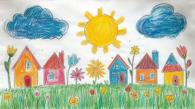 Colorful crayon drawing of six small houses with chimneys on a green flowered meadow under a bright sun, two blue clouds and tall flowers, evoking a cheerful playful mood