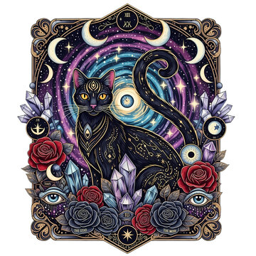 Black cat with cosmic patterns and crystals with swirling galaxy backdrop on transparent background