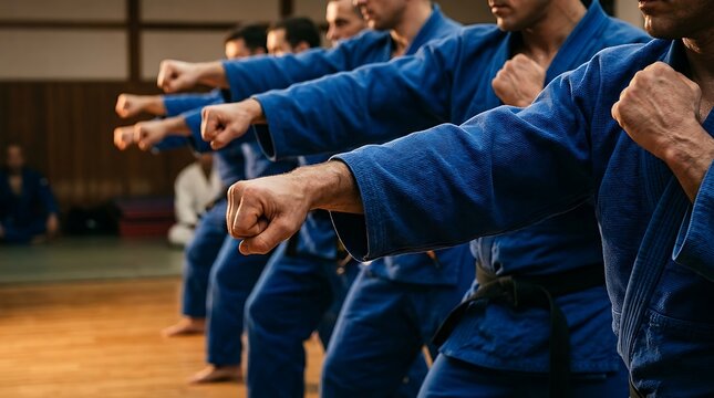 A line of men in blue martial arts gis practicing punching stances during a training session in a dojo.