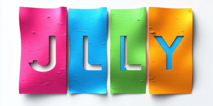 four colorful textured paper sheets with cut-out letters j l l y, curled edges and soft shadows on a white background, bright playful cheerful composition