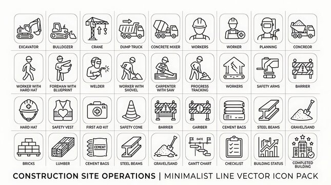 Construction site operations line icons set featuring heavy machinery building materials engineer workers and safety equipment symbols