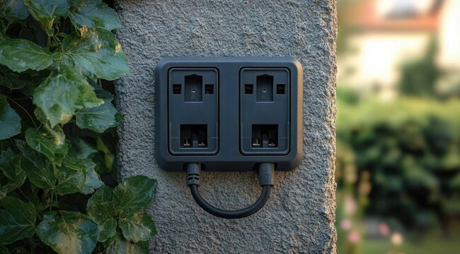 Two black outdoor electrical outlets mounted on a textured grey concrete wall with a short looped cable, framed by green ivy and a blurred garden background conveying practical calm