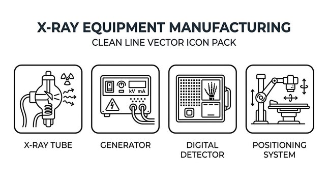 Clean Line Vector Icons Illustrating Key Components and Systems in X-Ray Equipment Manufacturing for Medical Imaging and Healthcare Technology Production