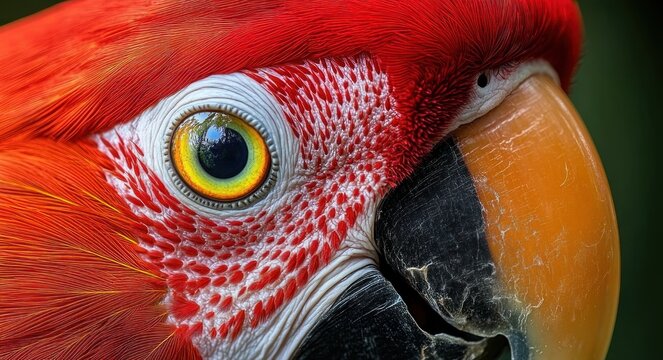 Extreme close-up of a red parrot's face showing a bright yellow eye, textured white facial skin, layered scarlet feathers and a worn orange-and-black curved beak conveying intense alertness