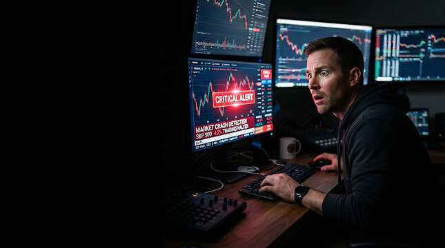 Focused trader monitors multiple screens with real-time financial data, reacting to a critical alert during intense stock or cryptocurrency trading