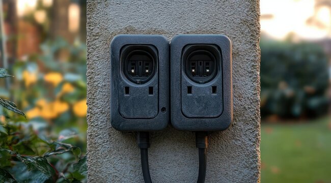 two outdoor electrical outlets mounted on a textured concrete column with black cords, surrounded by blurred garden foliage and warm sunset light, calm utilitarian scene
