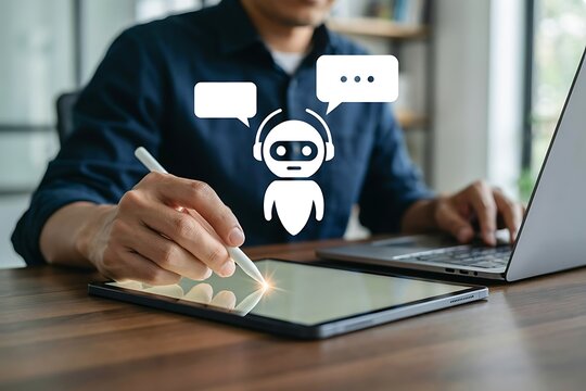 Person writing on digital tablet with chatbot icon and speech bubbles above screen in office