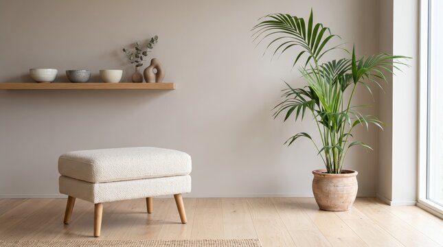 Minimalist interior design corner featuring beige upholstered ottoman stool and large green potted palm plant near window, wooden shelf with ceramic decor, scandi style living