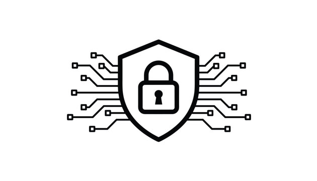 Cybersecurity shield icon outline with a central padlock and circuit board connections, representing data protection.