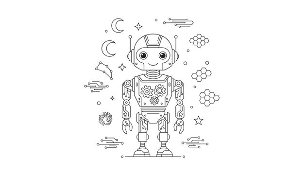 Cute robot character standing amongst outer space themed line drawings like stars, crescent moons, constellations, and circuit patterns.