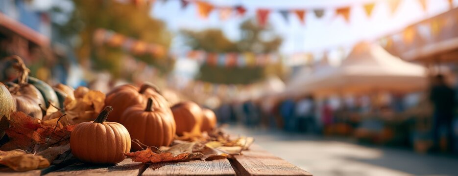 Pumpkins and autumn leaves on a wooden table at a market festival  