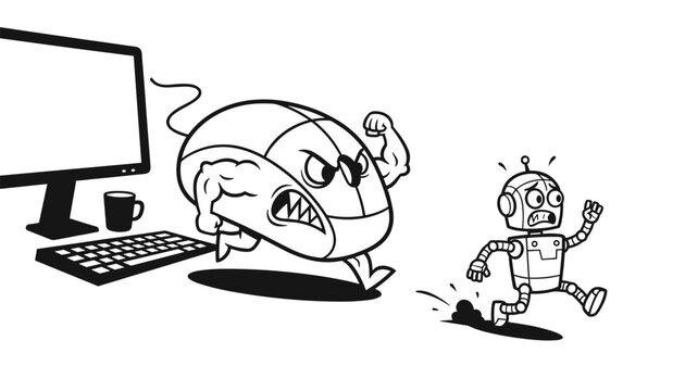 Funny computer mouse with muscular arms and sharp teeth chases away a frightened little robot on a white background.