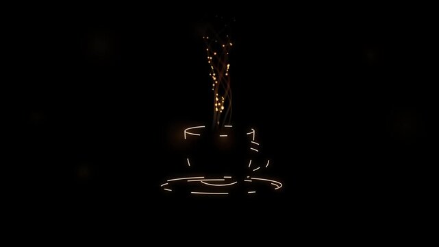 Animated glowing outline of a steaming coffee cup and saucer with swirling particles and bokeh