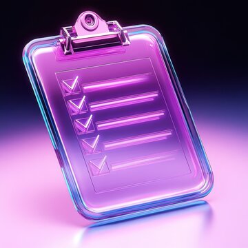 translucent glass clipboard with five checked items on a neon purple and blue glowing checklist, glossy futuristic icon conveying energetic productivity