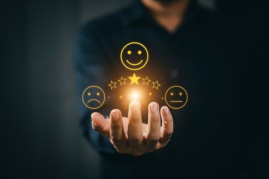 Person holding a hand out with a glowing digital interface showing customer satisfaction rating
