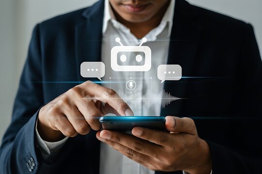 Person using a smartphone to interact with an artificial intelligence chatbot interface icon