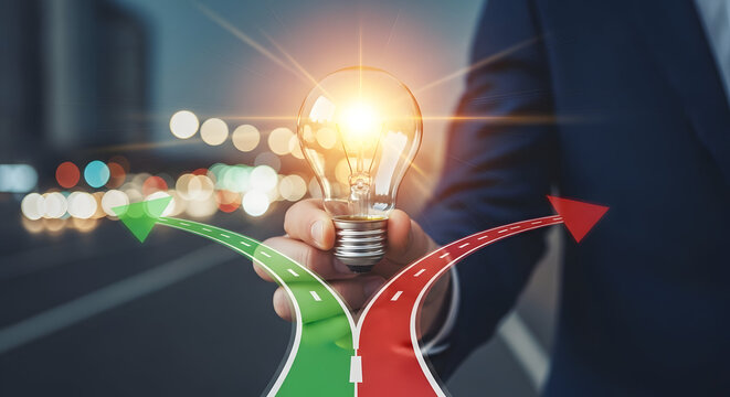 Businessman holding glowing light bulb with split direction road signs for innovation and strategy